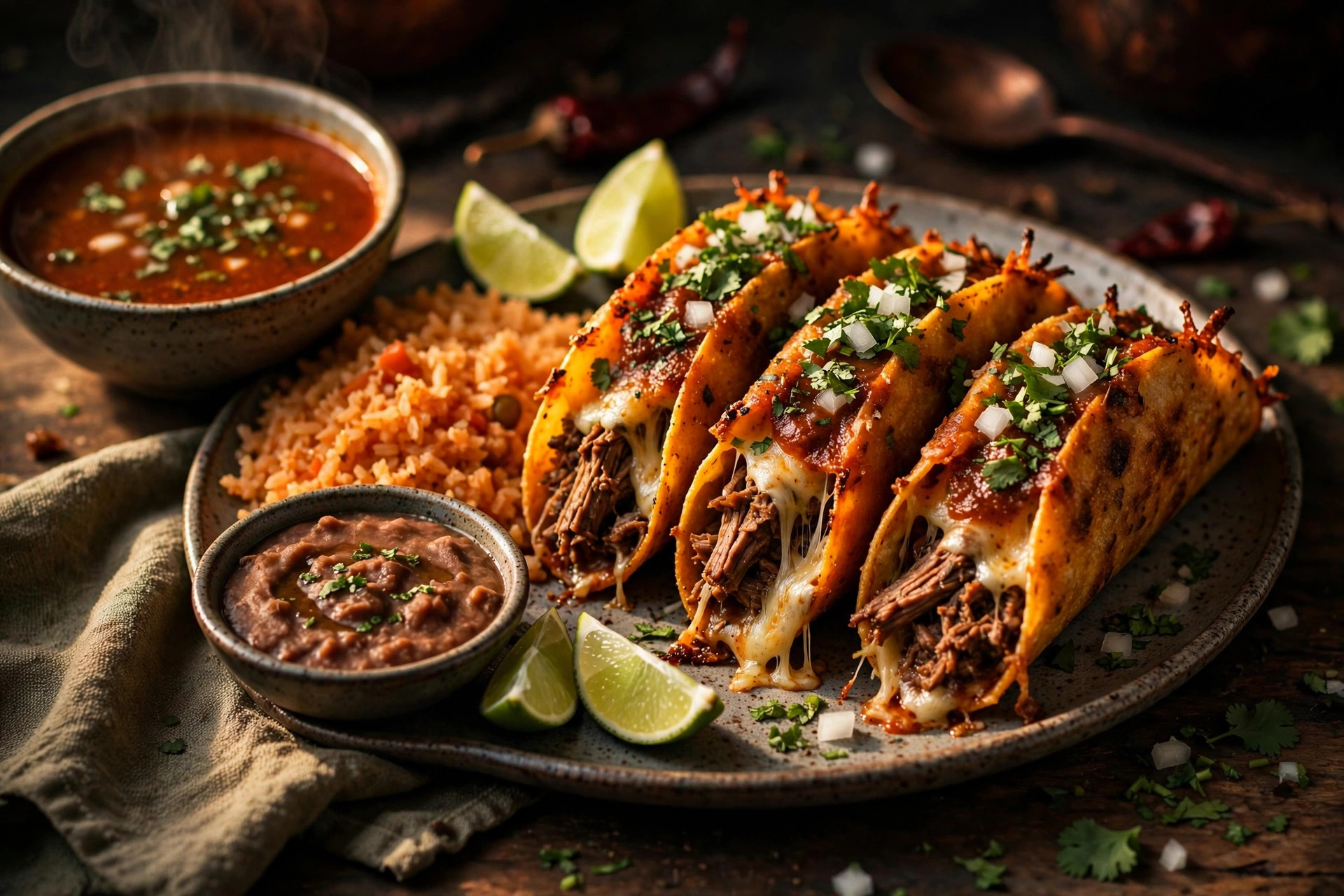 Birria tacos plate with beans, rice and consommé