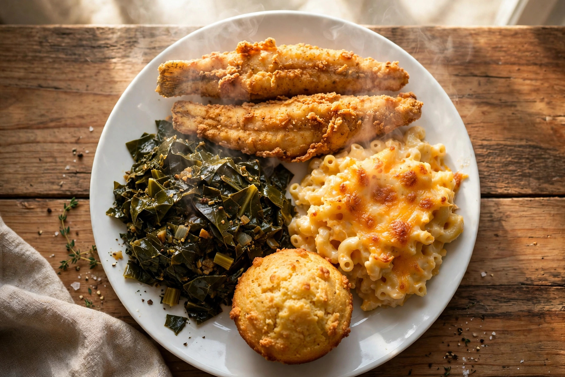 Fried catfish plate with collard greens, mac and cheese and a cornbread muffin